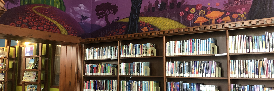 Photo of the library book shelves and the painted ceiling above