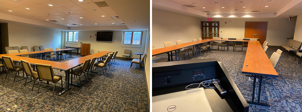 Photo collage of two separate perspectives of the meeting room